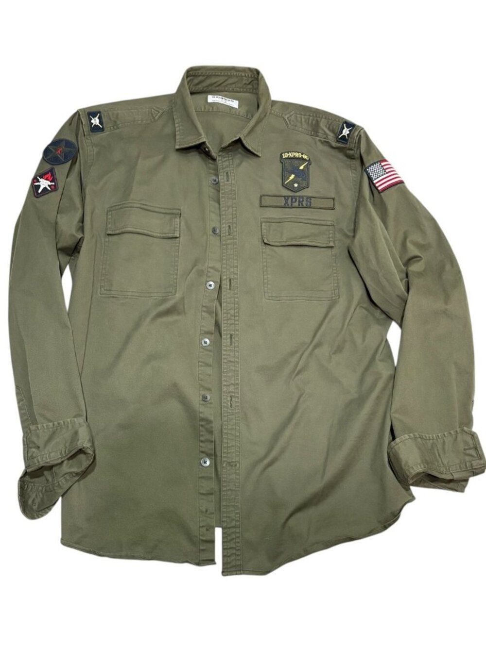 Express Mens Military Style Button Up Utility Shacket Army Green Sz XL Patches